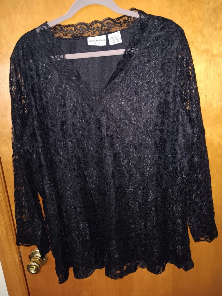MUJERES Kathy Irlanda Túnica de Encaje Negra Talla 3X Manga Larga Forrada Cuello en V Formal/Informal Foto 2 de 4