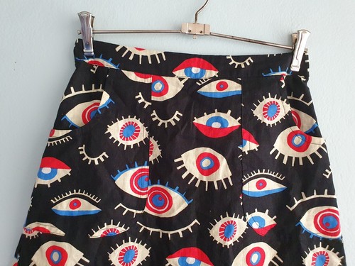 Dangerfield Mini Skirt Womens size 8 Evil Eye Print A-Line Linen Blend Retro - Picture 2 of 12
