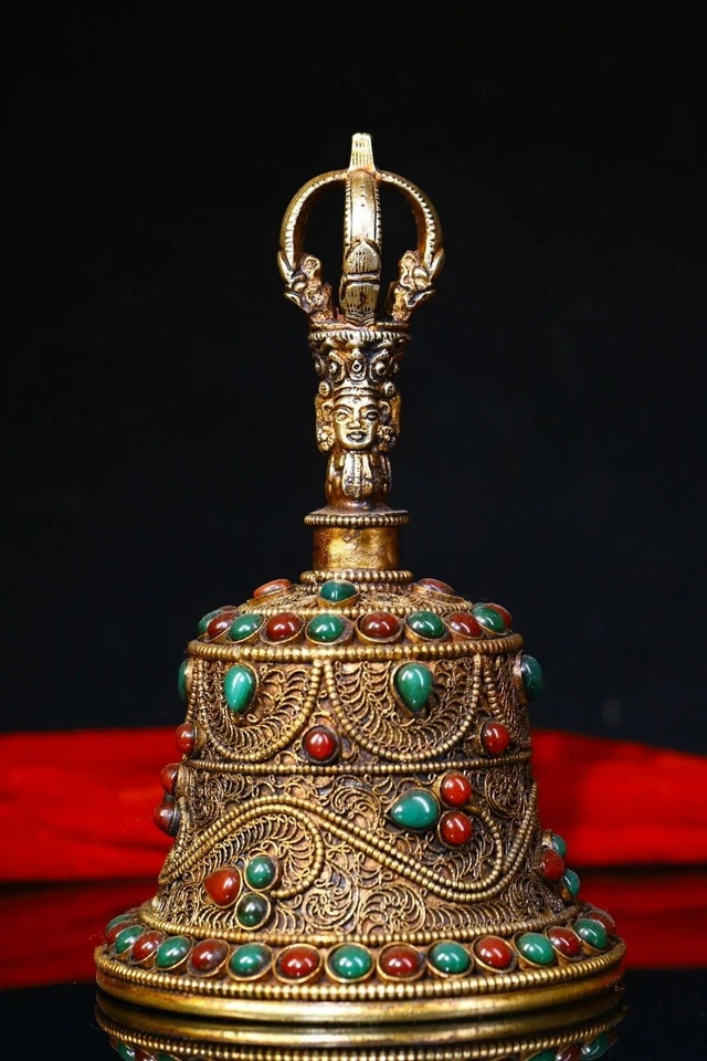 中国稀有藏传佛教藏银手工镶嵌铃铛法奇 — 第 3/4 张图片