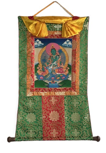 TABLEAU THANGKA TIBÉTAIN ORIGINAL DÉESSE MÈRE TARA VERT AVEC BROCART DE SOIE - Photo 2/9