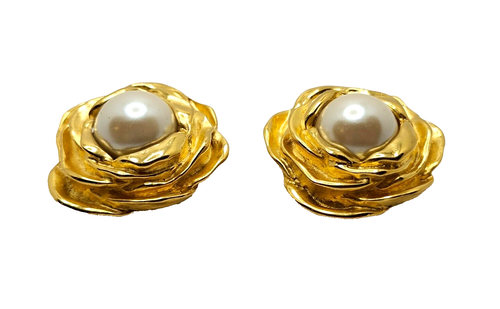 Authentic Givenchy Gold-tone Faux Pearl Flower Clip-On Earrings - Picture 3 of 9