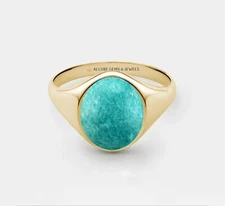 Men's Amazonite Ring, Gold Signet Ring, Blue Green Gemstone, Top Quality Stone
