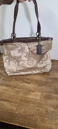Coach Signature Logo Khaki Satin Horse Carriage Leather Tote Purse - Picture 12 of 12