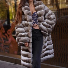 Women Full Pelt Real Rex Rabbit Fur Jacket Chinchilla Coat Fox Fur Shawl Collar