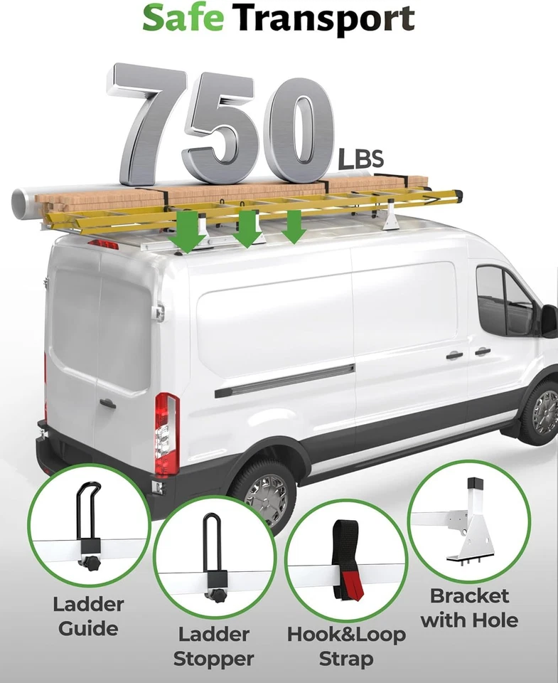 Para Ford Transit 2015-2024 furgoneta de carga 54" escalera 3 barras portaequipajes de techo con rodillo de carga Foto 4 de 4