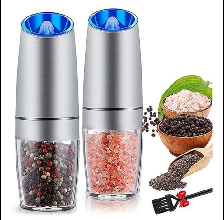 Gravity Electric Salt And Pepper Grinder Set 2 Silver Adjustable Coarseness