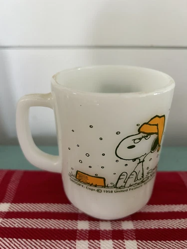 Vintage Fire King Snoopy Peanuts Milk Glass Mug Winter Snowing on French Toast