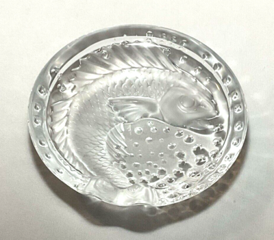 LALIQUE ~ Quality Solid Crystal FROSTED KOI FISH ASHTRAY