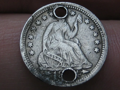 1854 P Seated Liberty Half Dime- Arrows, Fine/VF Details, Holed, Old Button?