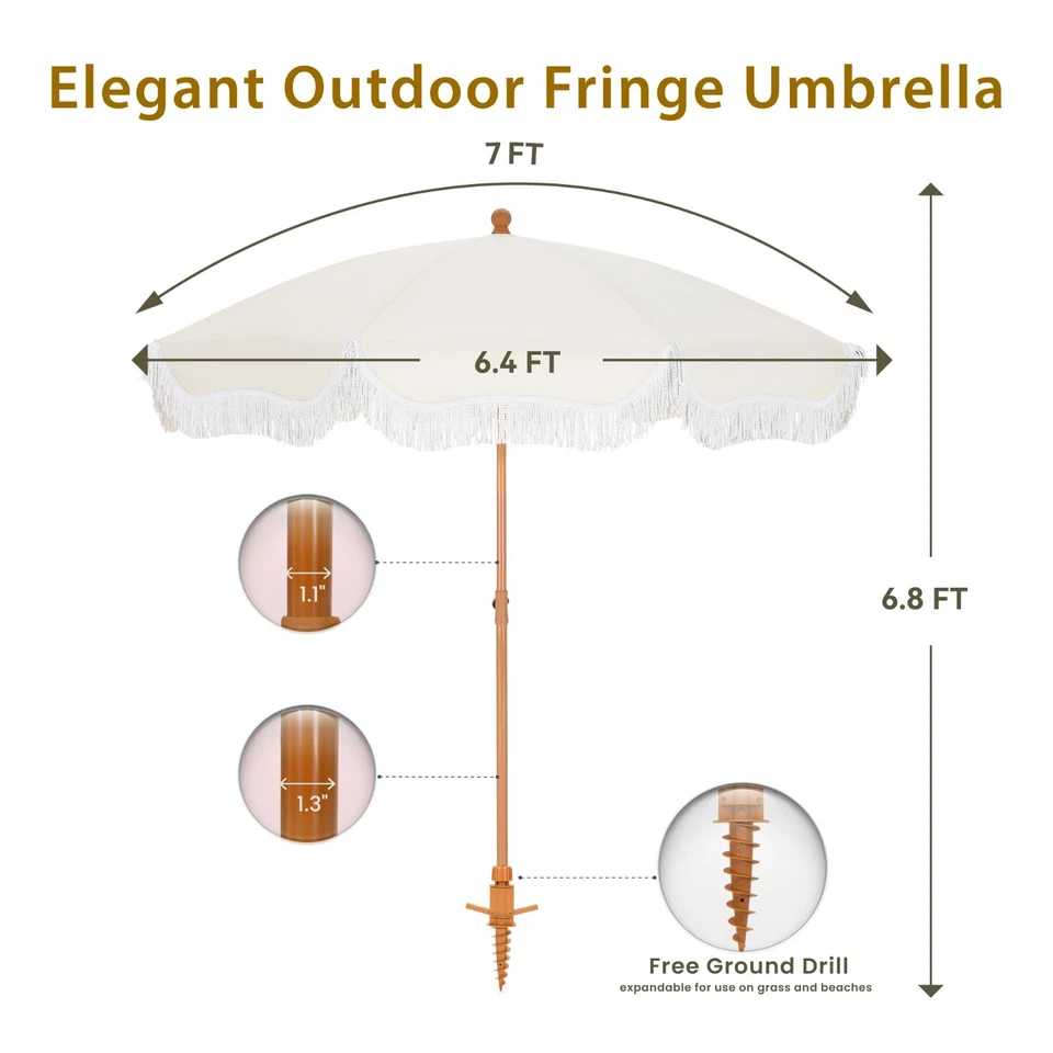 Sombrilla de playa de 7 pies con bolsa de transporte para patio exterior flecos manivela inclinable Foto 2 de 4