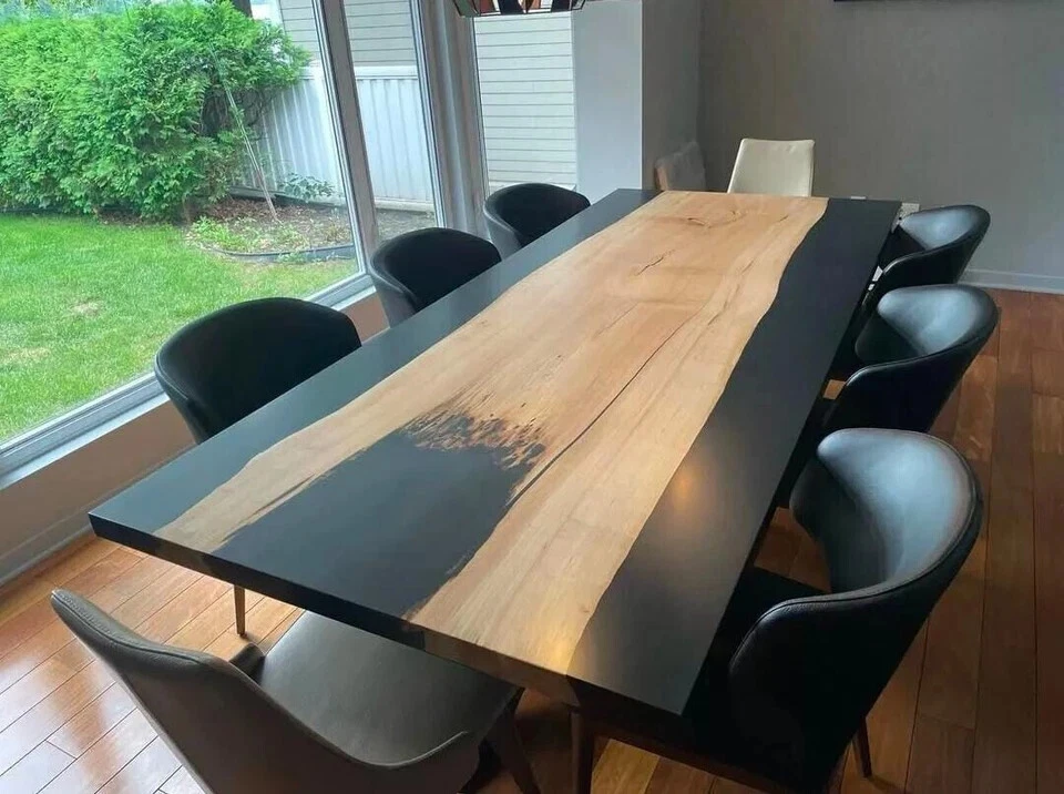 Mesa de resina epoxi de nogal negro y midiano macizo borde vivo mesa de río Foto 4 de 4