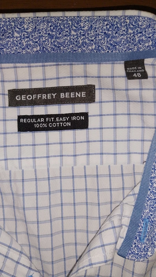 Geoffrey Beene Shirt French Cuff Mens Blue White Check Cotton Long Sleeve 46 — 第 3/4 张图片