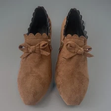 Suede Ankle Boots Brown Bows Side Zipper Size 7 Scalloped Boho