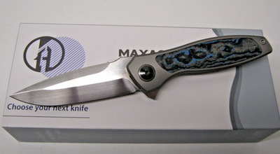Maxace Perseus Titanium Folding Knife Blue Carbon Fiber Excellent Condition