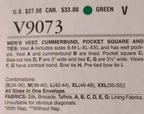 VOGUE Sewing Pattern V9073 MEN'S VEST, CUMMERBUND, POCKET SQUARE & TIES UC/FF - Picture 17 of 24