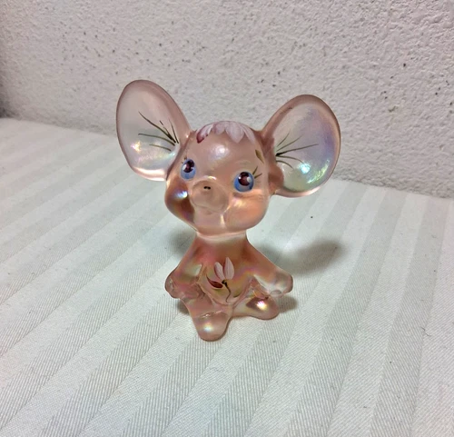 VINTAGE PINK IRIDESCENT FENTON MOUSE FIGURINE DECORATED WITH FLOWERS