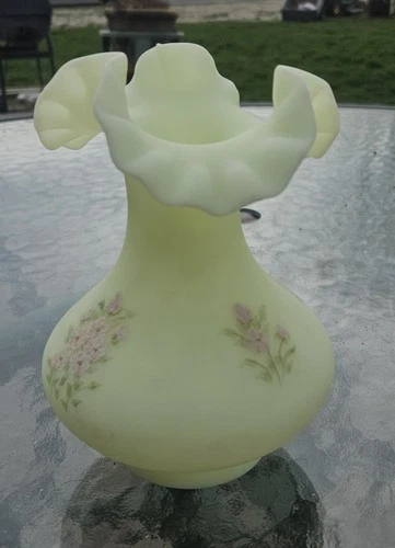 Vintage Uranium Fenton Custard Satin Glass Vase Sugar Flowers Signed