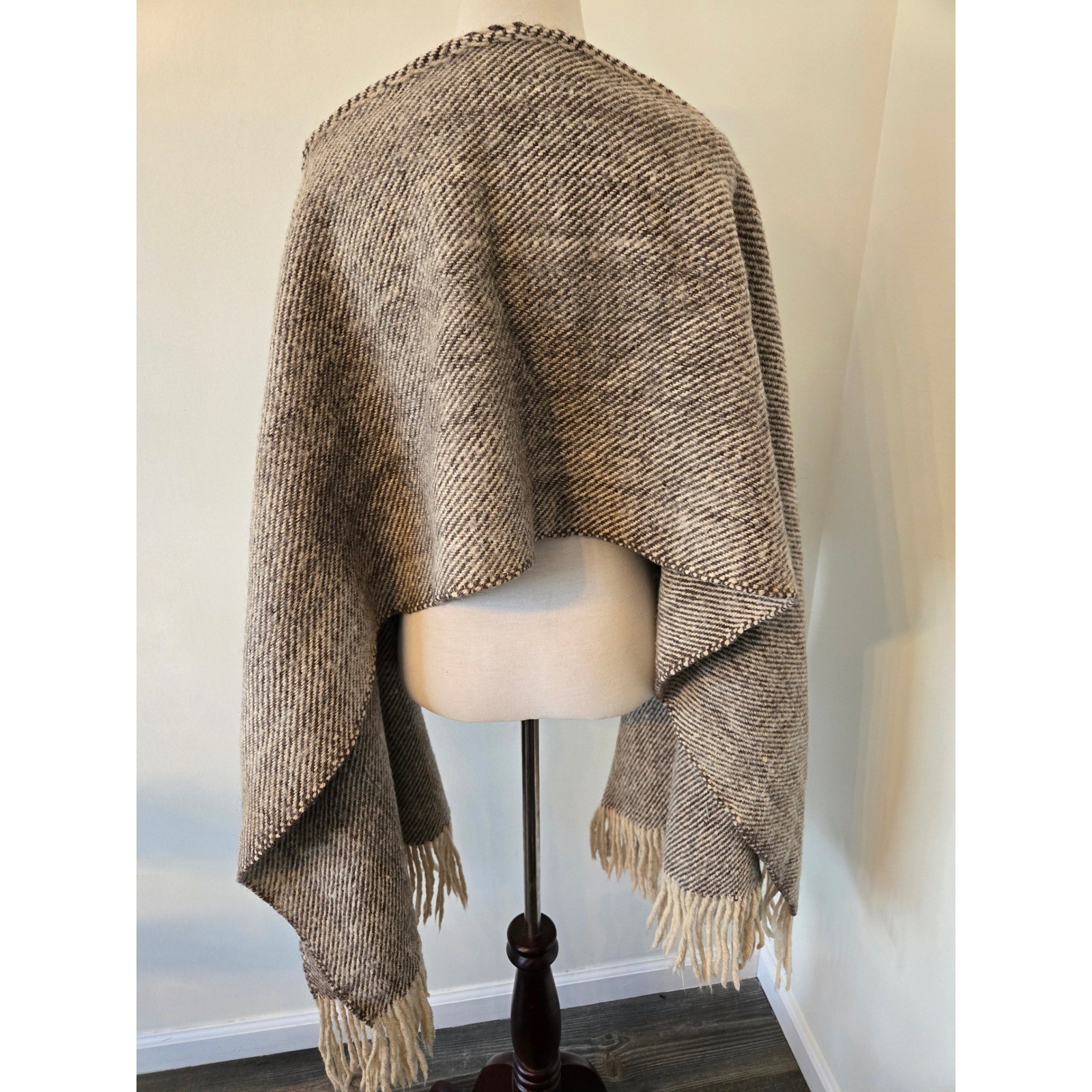 Wool Knit Poncho Wrap Shawl Fringe Neutral Herringbone Pattern One Size image 5