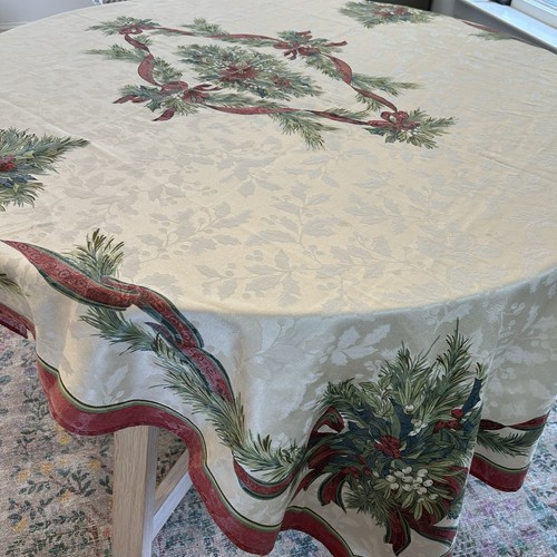 Benson Mills Winter Christmas Ribbons Printed Fabric Table Cloth 58x80” Holiday - Picture 2 of 7