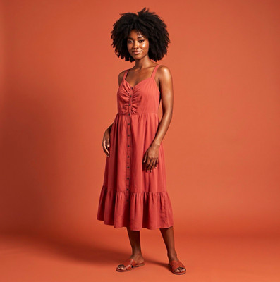Torrid 2 Rust Solid V-Neck Sleeveless Button Front Smocked Ruffle Midi Dress