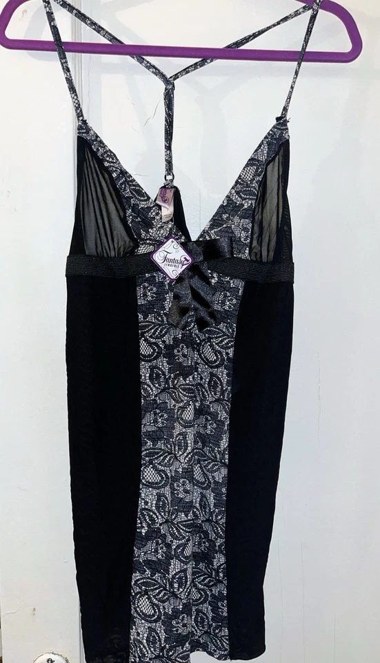 CURVE by FANTASY Lingerie Dark Floral Pattern Chemise & G-String 1X/2X - Image 3 of 4