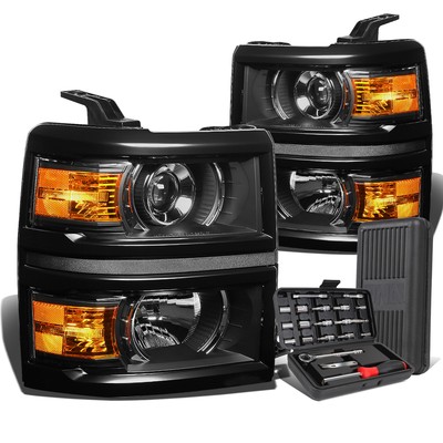 For 2014-2015 Silverado Black Housing Amber Corner Projector Headlights+Tool Box