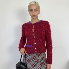 Vintage Italian Red Fuzzy Mohair Blend Cardigan Contrast Trim S/M
