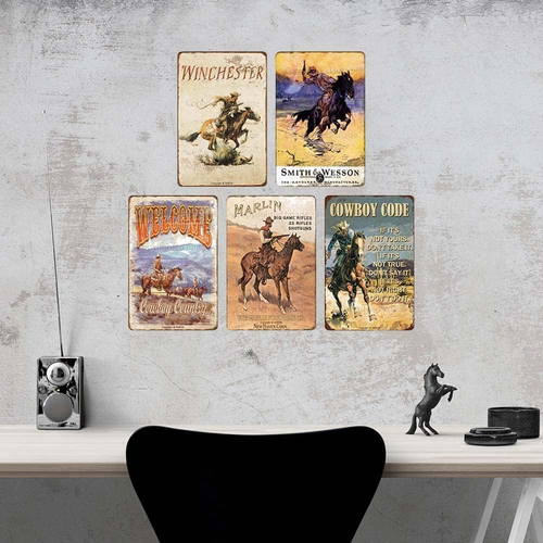 Retro Home Decor Wall Art Posters Vintage Western Cowboy Tin Sign Garage Home Wa - Picture 5 of 6