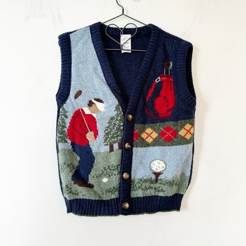 Vintage Golfer Embroidered Grandpa Sweater Vest Button Front Youth 6 Golf