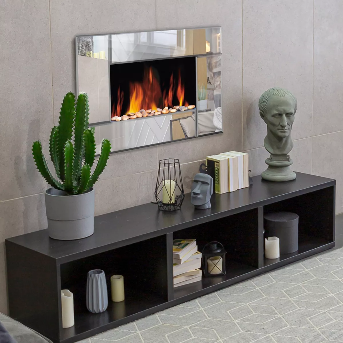 Wall Mounted Electric Fire Fireplace Mirror Glass Slim Living