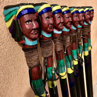 Indian Chief HeadDress Walking Stick Cane Staff Handcarved Wood Handpainted