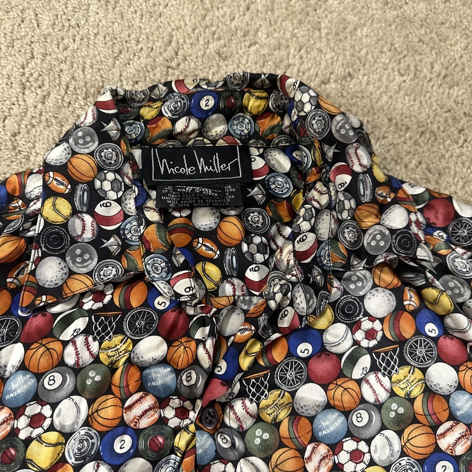 Camisa De Colección Nicole Miller Hombres Extra Grande Negra Seda Tema Deportivo AOP Limitada Años 90 Foto 4 de 4