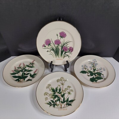 Andrea by Sadek 4 Herb Botanical Bone China Plates Chive Borage Lovage Basil EUC