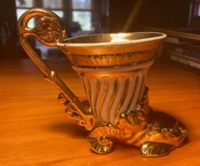 Old Paris Gold & White Ribbed Rhyton  Cup Empire Style, Possibly 20th Century 