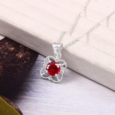 6x6 MM Natural Blood Red Ruby Pendant in 925 Sterling Silver with Silver Chain