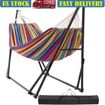 Heavy Duty Folding Hammock W/ Adjustable Steel Stand Outdoor Relaxation New