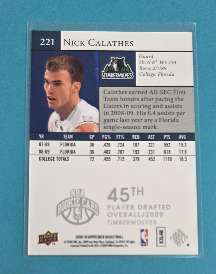 2009-10 Upper Deck Star Rookies RC #221 Nick Calathes BASKETBALL Card 9D - Image 2 of 2
