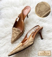 GUCCI GG Monogram Canvas Leather Slingback Heels Pointed Toe Beige Brown EU 37,5