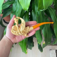 S.Yanik Meerschaum Pipe Moon, Nude and Sea Monster Figural Tobacco Smoking Pipe