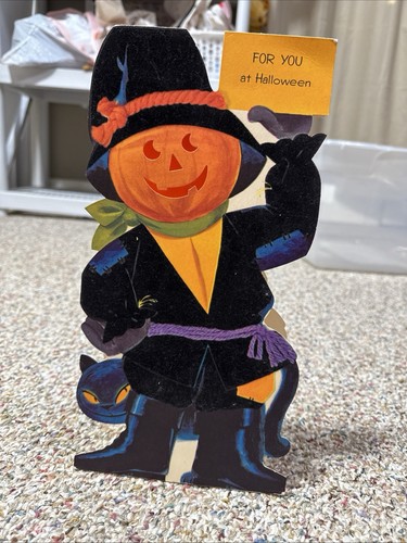 Vtg. Halloween Greeting Cards Large Flocked Pumpkin Stand Up Cat Plus Ephemera - Picture 2 of 10