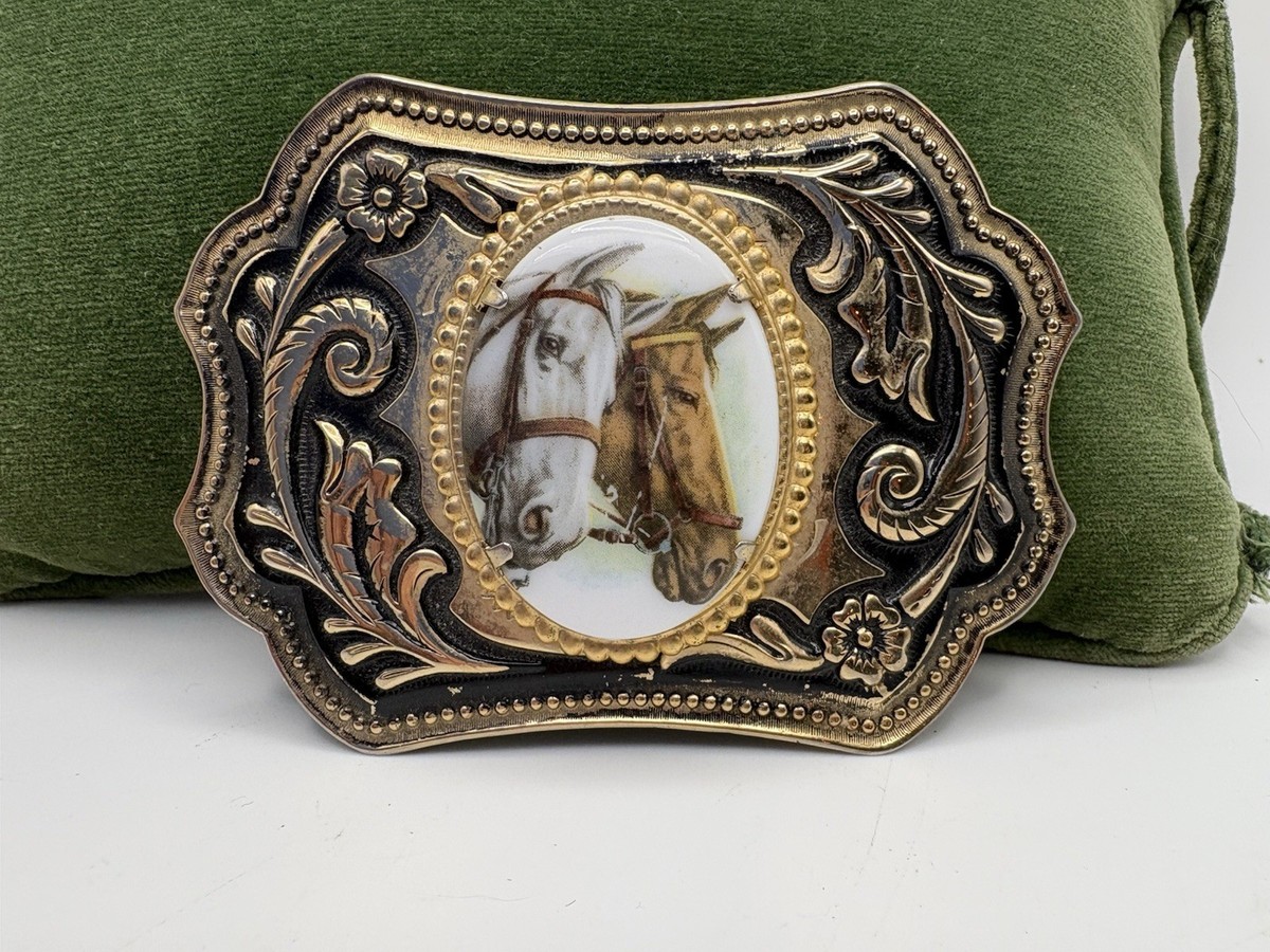 Vintage Equestrian Belt Buckle Porcelain Horse Cameo 