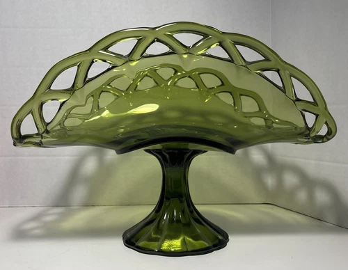 Vintage Indiana Glass Green Banana Pedestal Stand Dish 9"H
