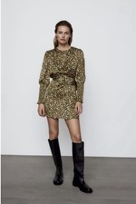 Zara Multicolor Floral Printed Mini Dress Belted Crew Neck Long Sleeve Woven M