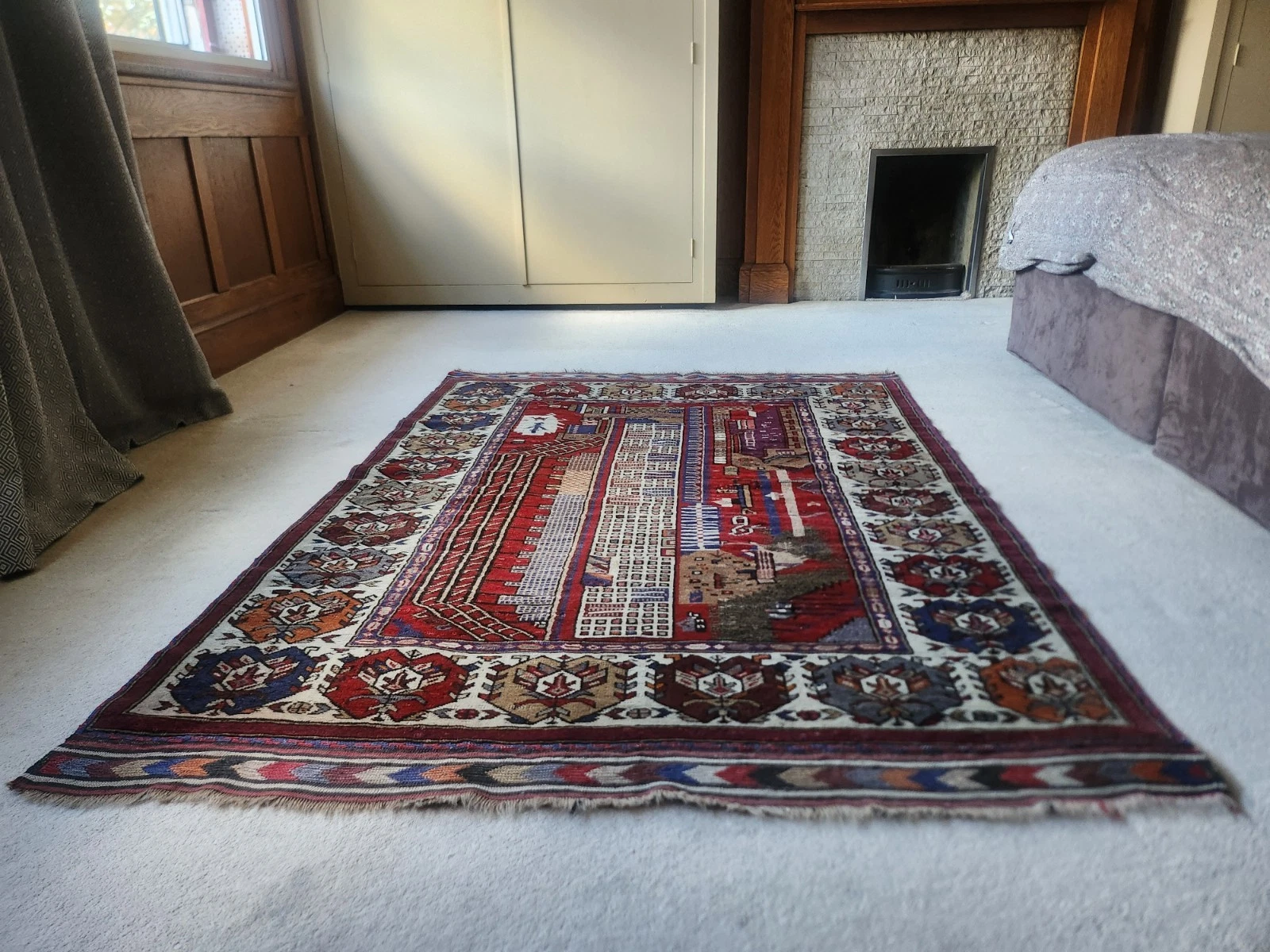 Vintage War Rug Pictorial Port Shipyard Cityscape 131x185 Wool Geometric Kilim