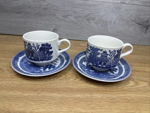 Johnson Brothers Bros England BLUE WILLOW tea cups & saucers~ 4 Pc Set