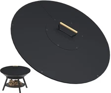 32" Wooden-Handle Fire Pit Lid for Pits up to 30", Round Metal Bonfire Pit Bu...