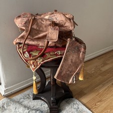 Vintage Brown World Globe Print Carry All/ On Duffle Bag with Purse GREAT COND