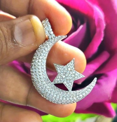 2Ct Round Cut Real Moissanite Moon & Star Hip Hop Pendant 14k White Gold Plated