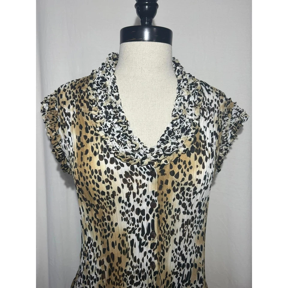 SUNNY LEIGH Leopard Polyester Sleeveless Ruffle Blouse Top Vneck Career Womens S - Image 2 of 4