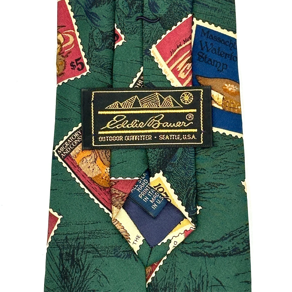 ВИНТАЖНЫЙ галстук Eddie Bauer зеленые утки почтовые марки водоплавающие птицы шелковый галстук США - Изображение 4 из 4